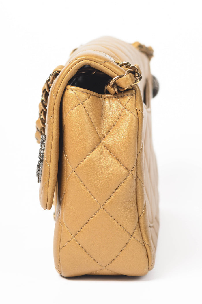 2014 Chanel Gold Leather Coin Medallion Medium Flap Shoulder Bag