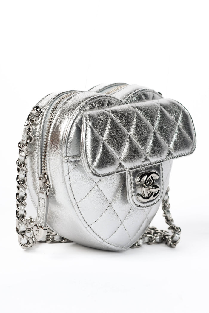 RARE Chanel Silver Lambskin Leather Heart Small Cross Body Bag