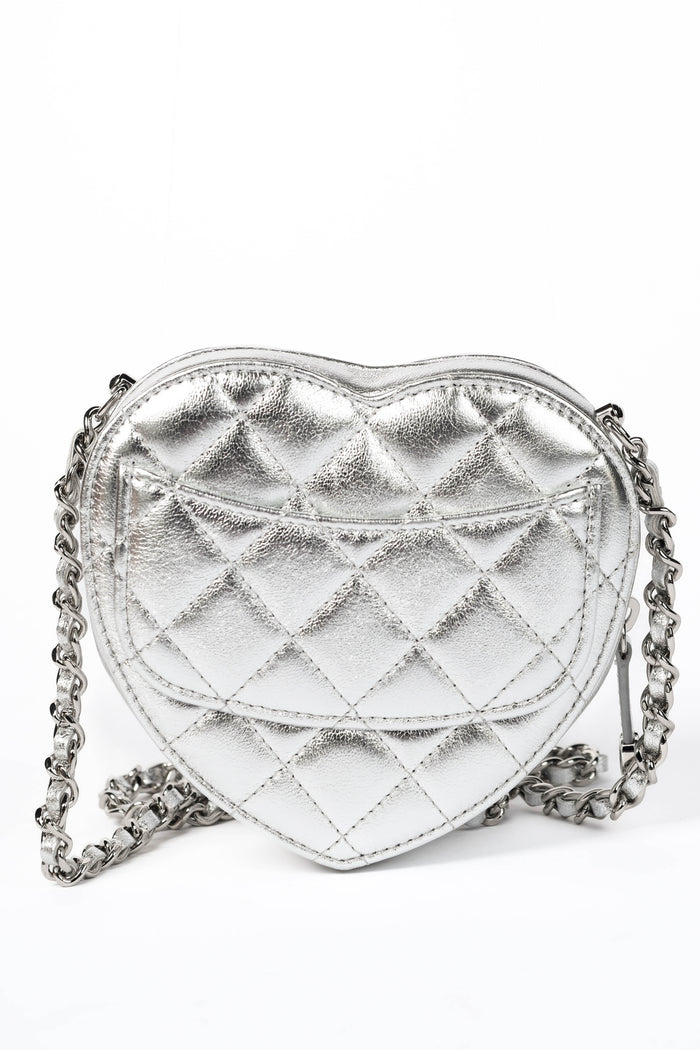 RARE Chanel Silver Lambskin Leather Heart Small Cross Body Bag