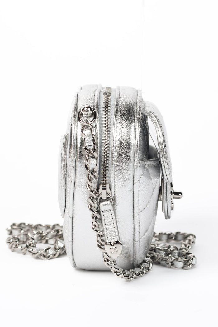 RARE Chanel Silver Lambskin Leather Heart Small Cross Body Bag