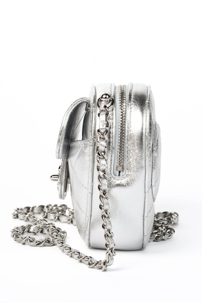 RARE Chanel Silver Lambskin Leather Heart Small Cross Body Bag