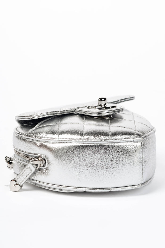 RARE Chanel Silver Lambskin Leather Heart Small Cross Body Bag