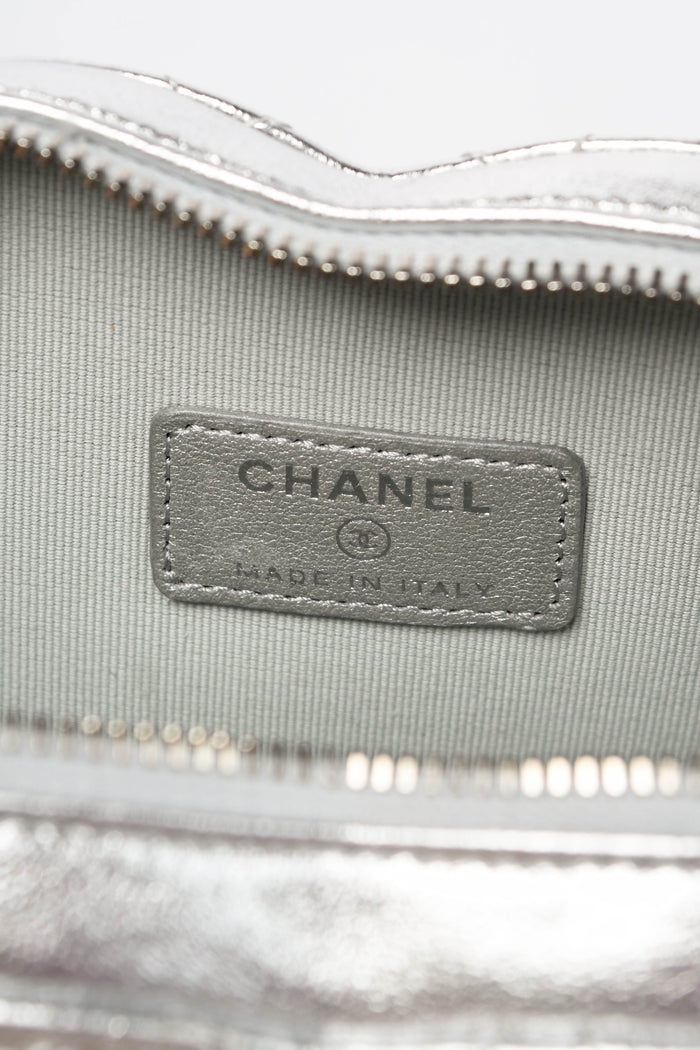 RARE Chanel Silver Lambskin Leather Heart Small Cross Body Bag