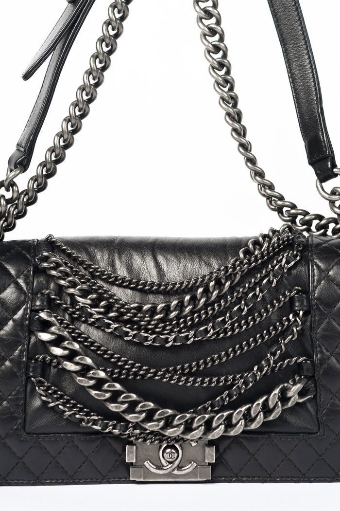 2010s Chanel Black Leather Enchained Medium Boy Bag
