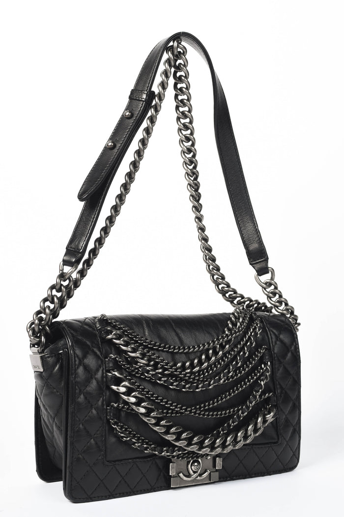 2010s Chanel Black Leather Enchained Medium Boy Bag