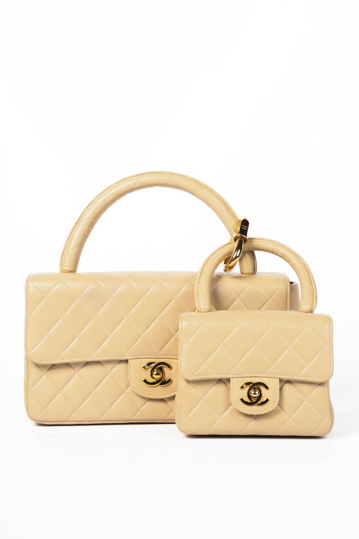 RARE 90s Chanel Beige Lambskin Leather Parent-Child Set
