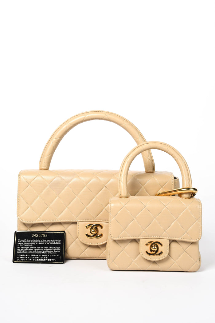 RARE 90s Chanel Beige Lambskin Leather Parent-Child Set