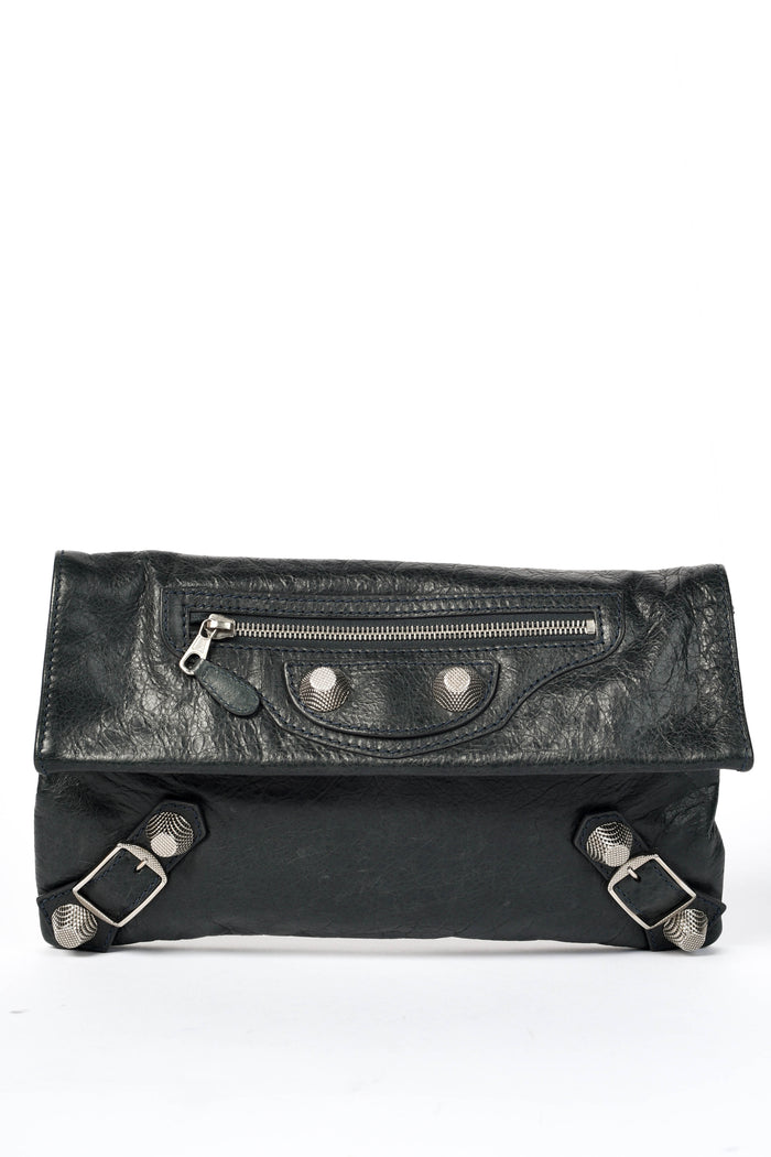 2000s Balenciaga Charcoal Grey Leather Motorcross Clutch with Giant SHW