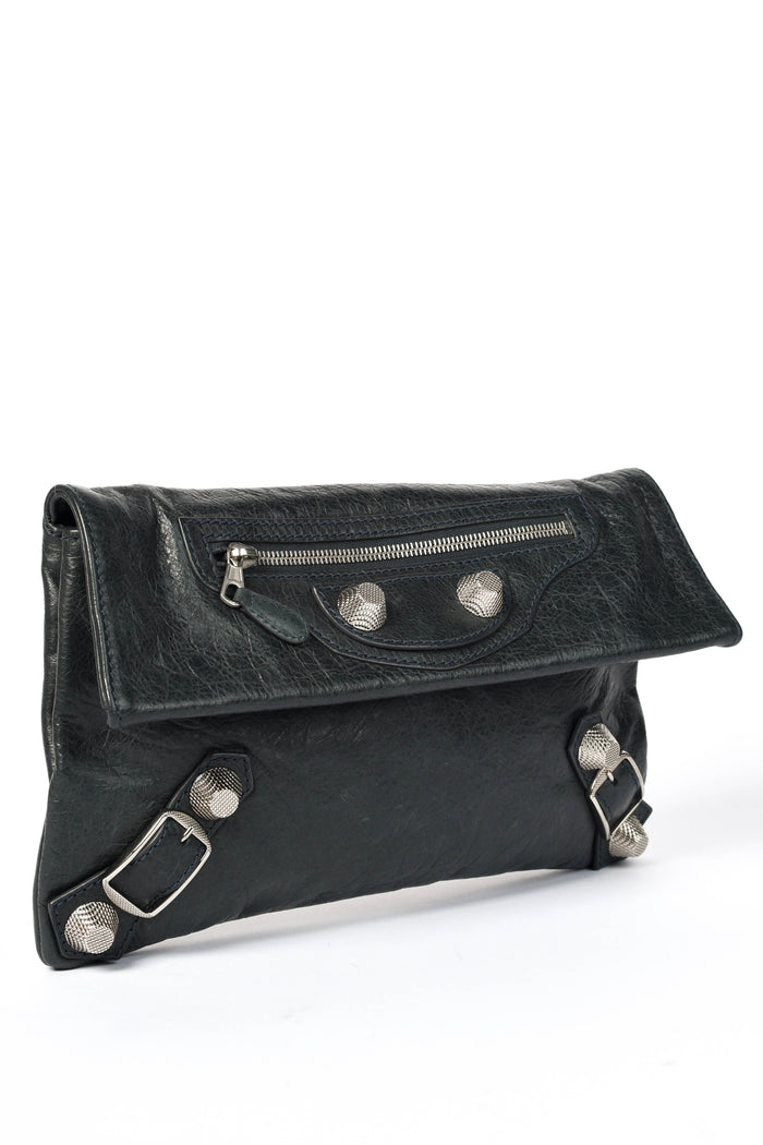 2000s Balenciaga Charcoal Grey Leather Motorcross Clutch with Giant SHW