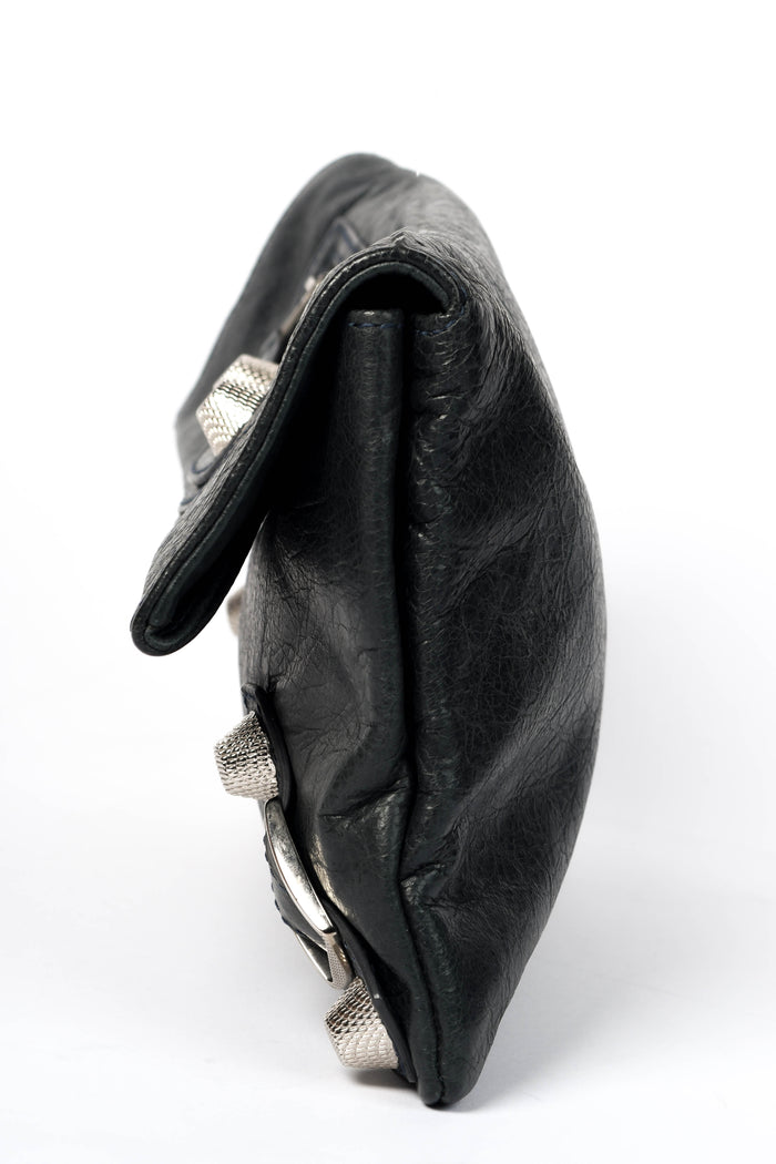 2000s Balenciaga Charcoal Grey Leather Motorcross Clutch with Giant SHW