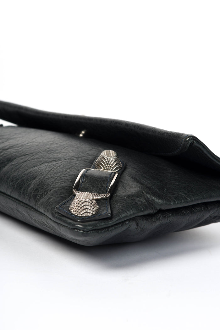 2000s Balenciaga Charcoal Grey Leather Motorcross Clutch with Giant SHW