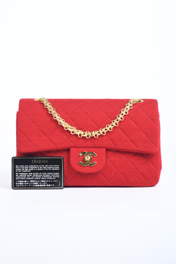 90s Chanel Red Jersey Small Double Flap Shoulder Bag 24k GHW