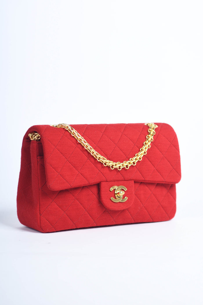 90s Chanel Red Jersey Small Double Flap Shoulder Bag 24k GHW