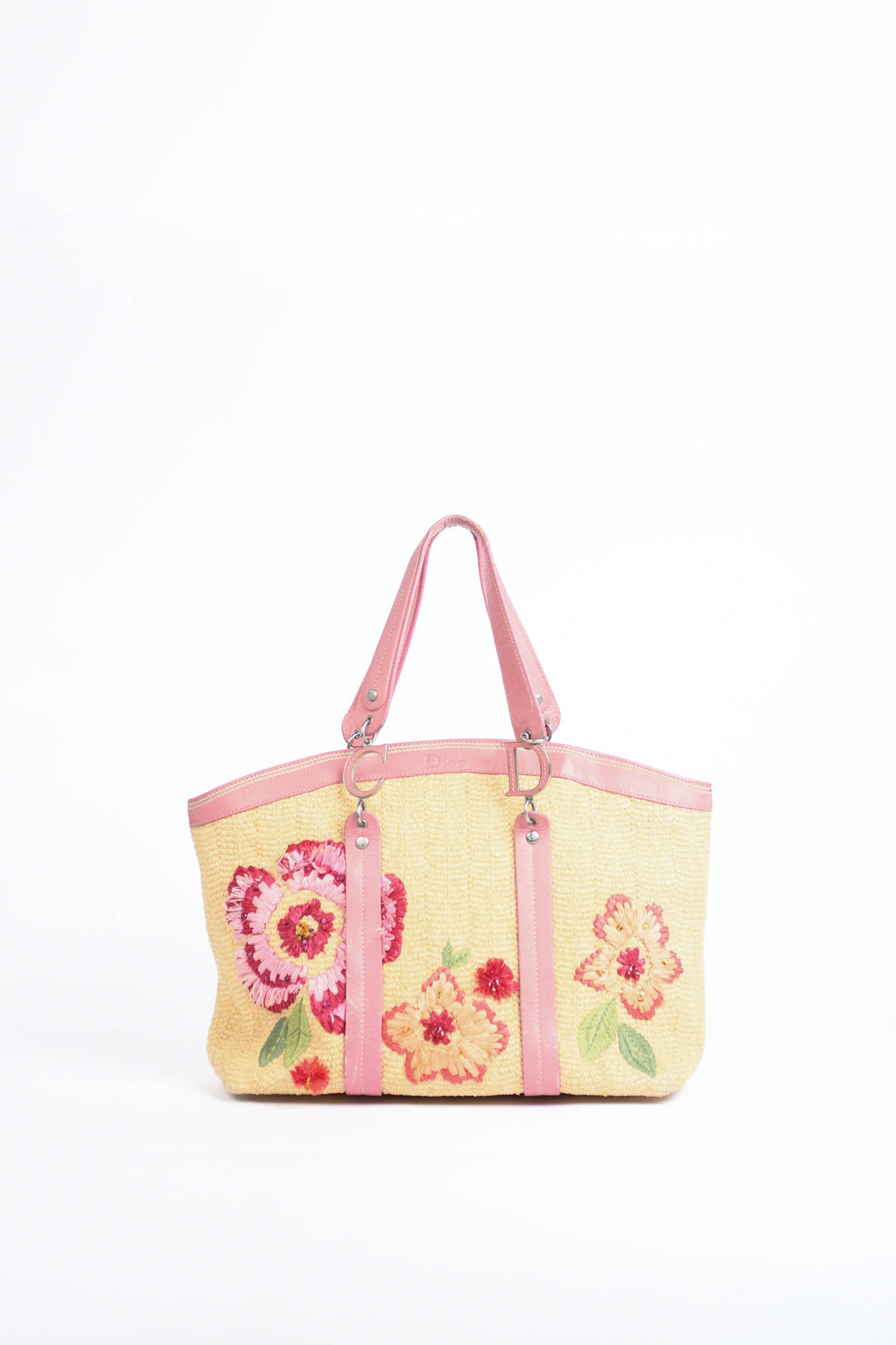 2000s Christian Dior Floral Embroidered Raffia Tote Bag