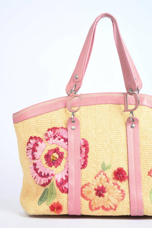 2000s Christian Dior Floral Embroidered Raffia Tote Bag