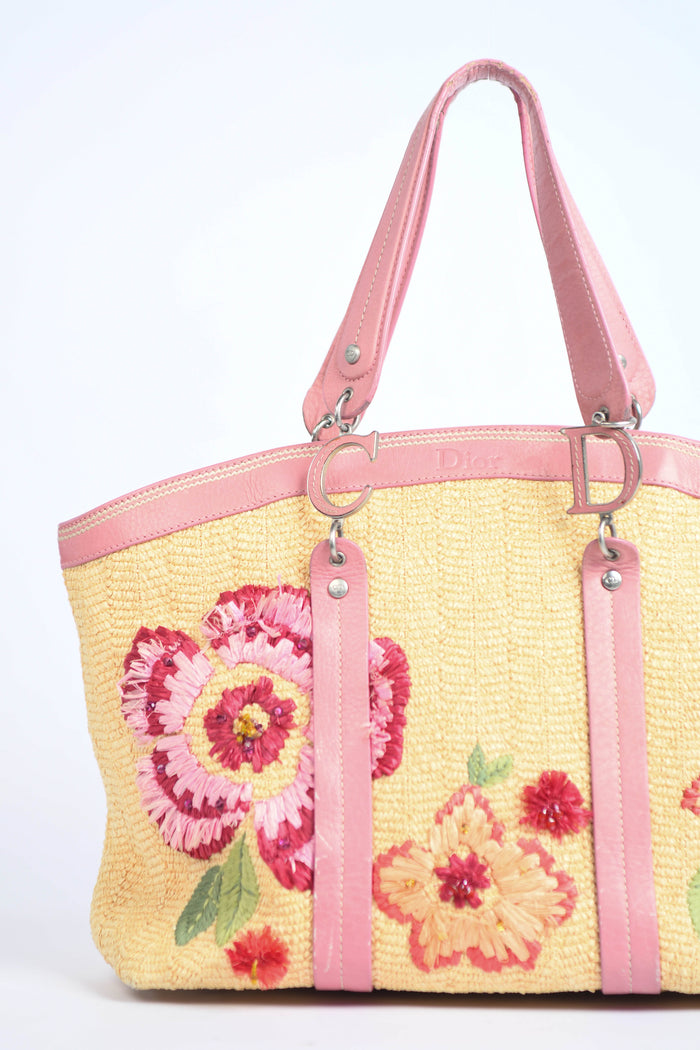 2000s Christian Dior Floral Embroidered Raffia Tote Bag