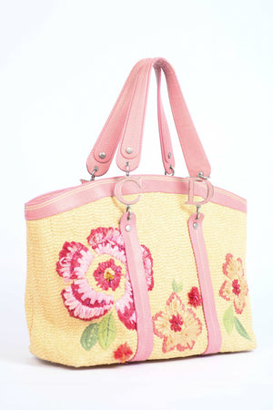 2000s Christian Dior Floral Embroidered Raffia Tote Bag