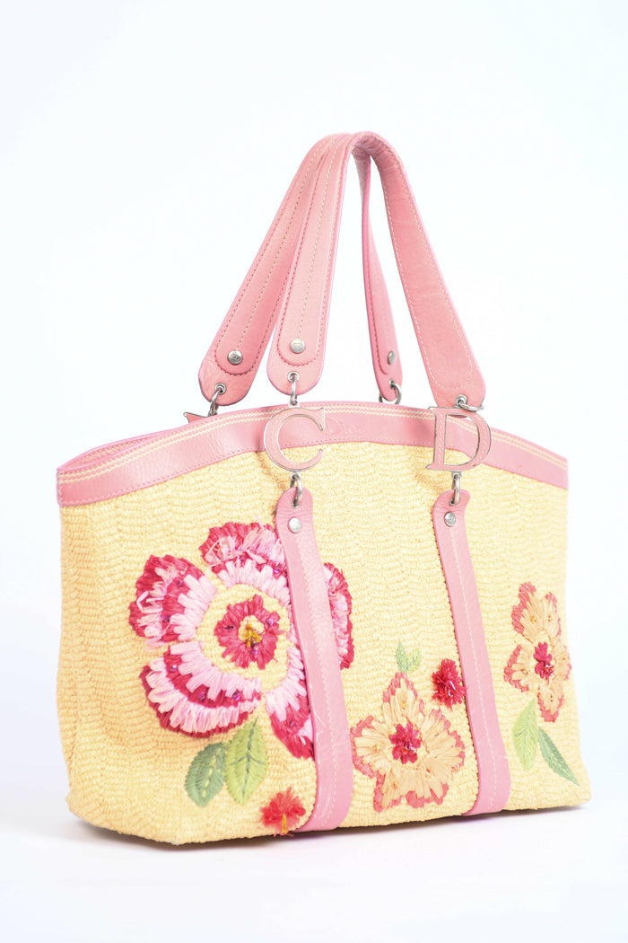 2000s Christian Dior Floral Embroidered Raffia Tote Bag