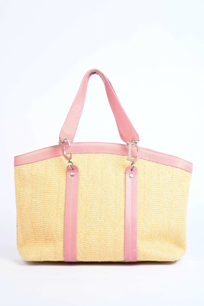 2000s Christian Dior Floral Embroidered Raffia Tote Bag
