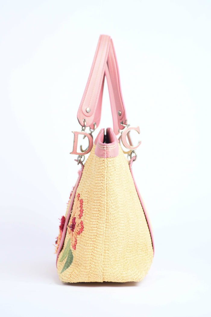 2000s Christian Dior Floral Embroidered Raffia Tote Bag