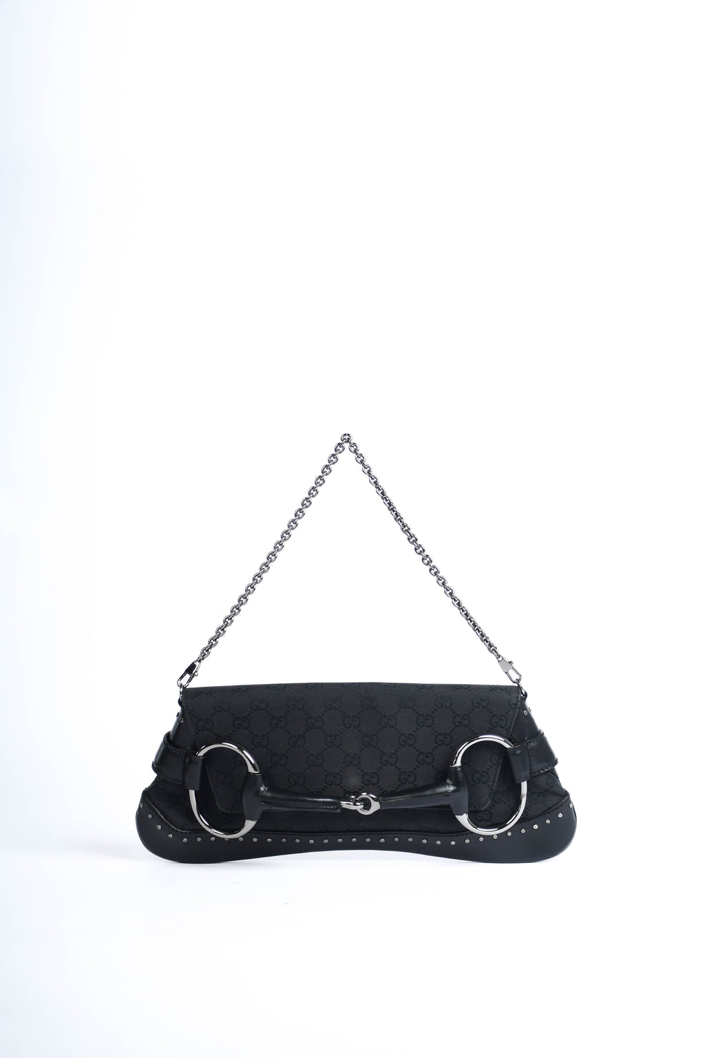 RARE Vintage Gucci Black Studded GG Monogram Large Horsebit Shoulder Bag