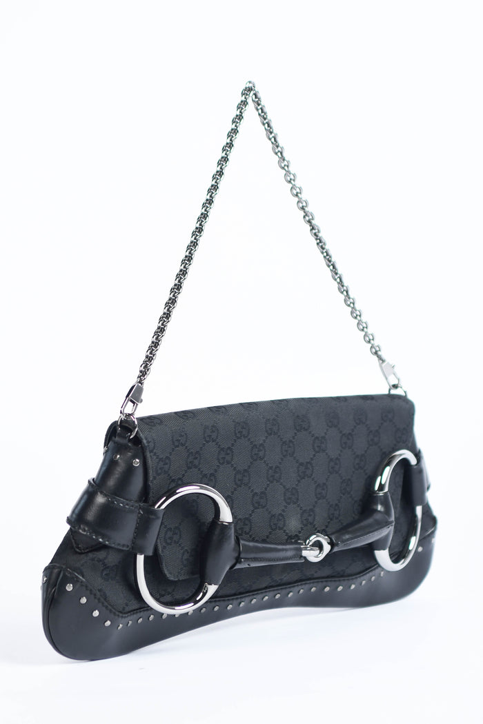 RARE Vintage Gucci Black Studded GG Monogram Large Horsebit Shoulder Bag