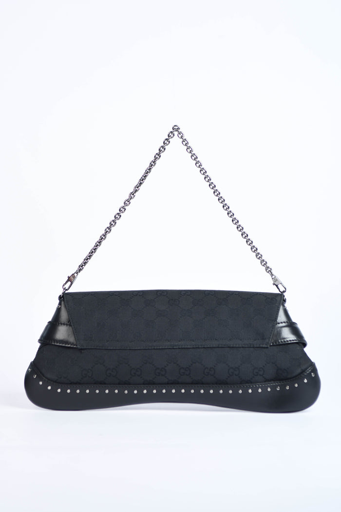 RARE Vintage Gucci Black Studded GG Monogram Large Horsebit Shoulder Bag