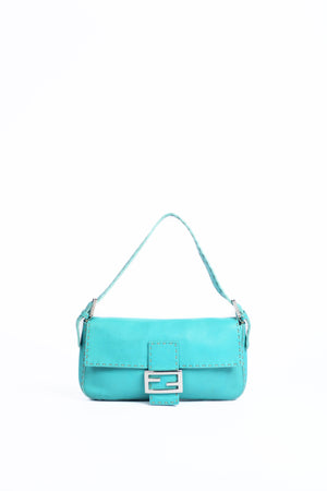 Vintage Fendi Teal Leather Selleria Baguette Shoulder Bag