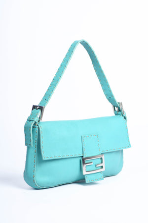 Vintage Fendi Teal Leather Selleria Baguette Shoulder Bag