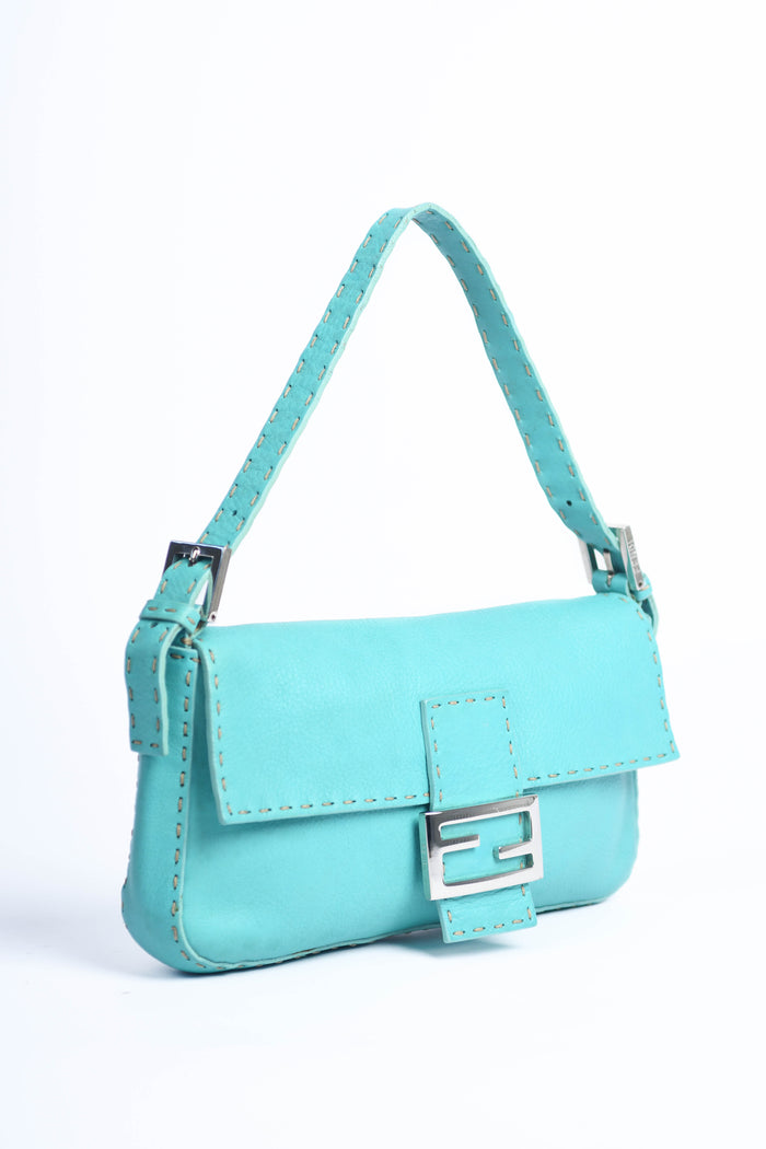 Vintage Fendi Teal Leather Selleria Baguette Shoulder Bag