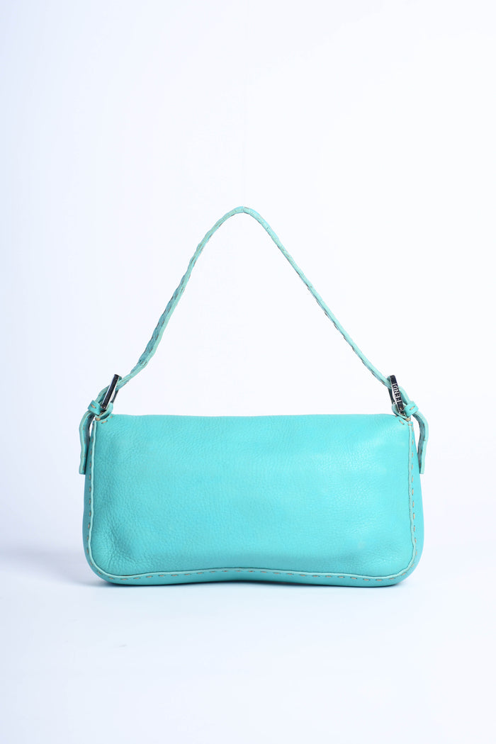 Vintage Fendi Teal Leather Selleria Baguette Shoulder Bag