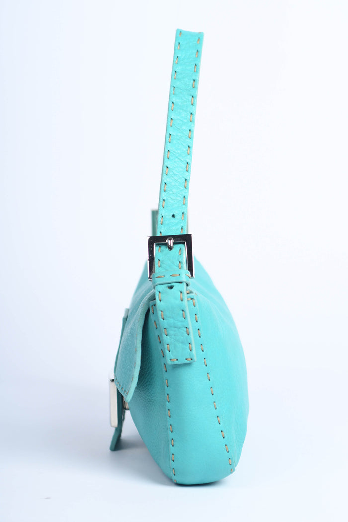 Vintage Fendi Teal Leather Selleria Baguette Shoulder Bag