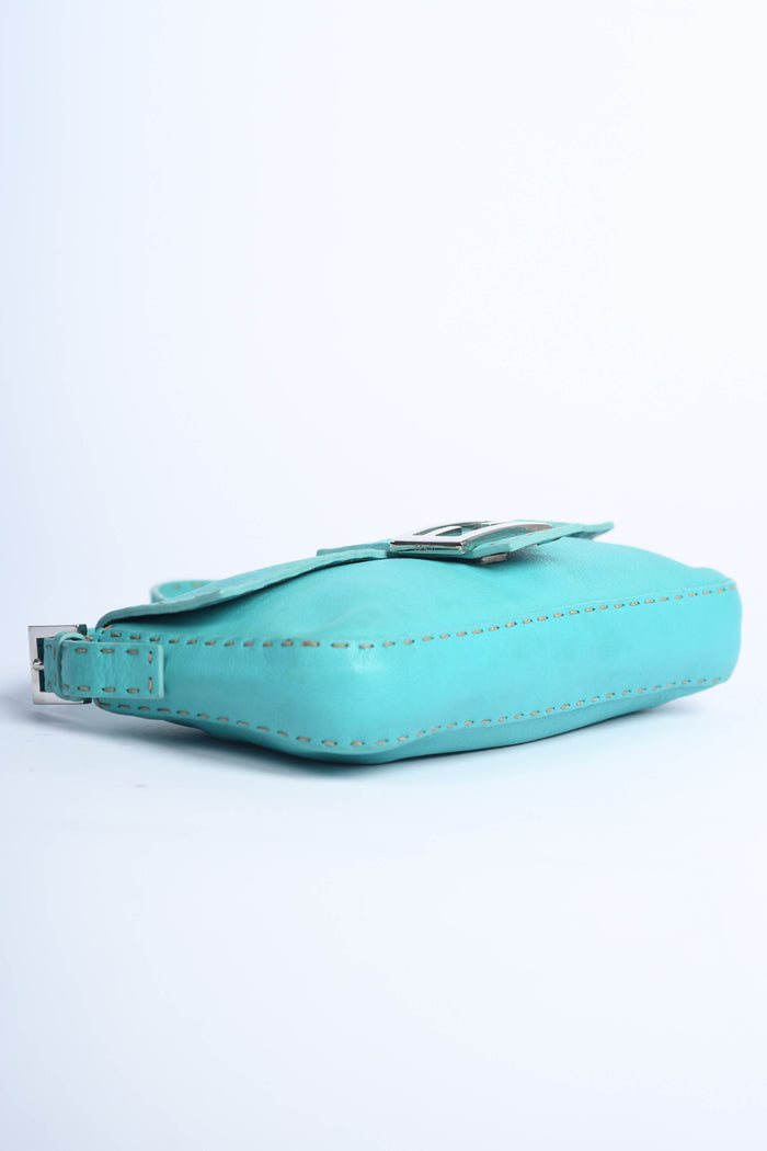 Vintage Fendi Teal Leather Selleria Baguette Shoulder Bag