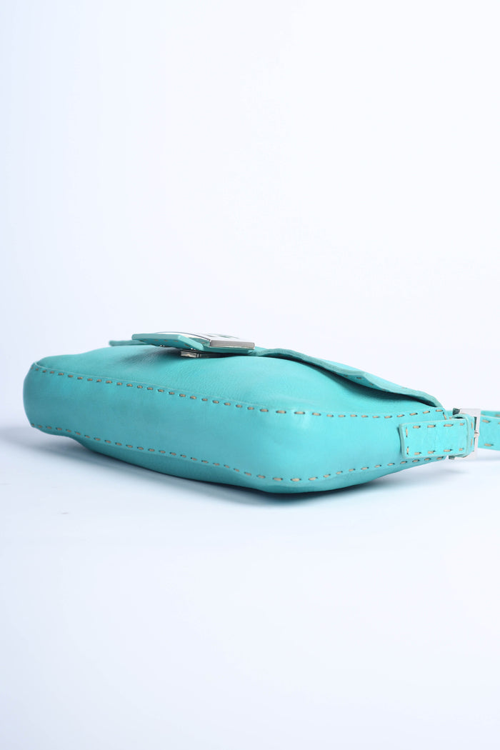 Vintage Fendi Teal Leather Selleria Baguette Shoulder Bag