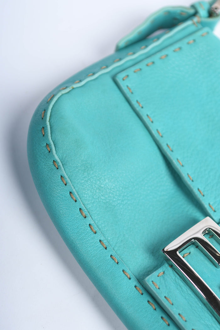 Vintage Fendi Teal Leather Selleria Baguette Shoulder Bag