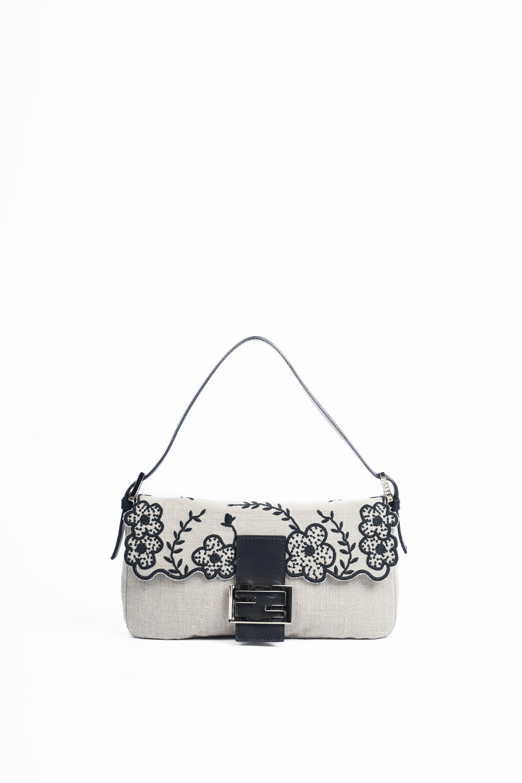 Vintage Fendi Linen Embroidered Baguette Shoulder Bag