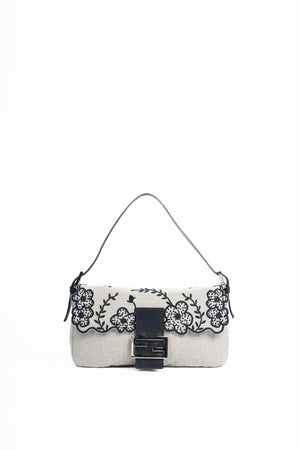 Vintage Fendi Linen Embroidered Baguette Shoulder Bag