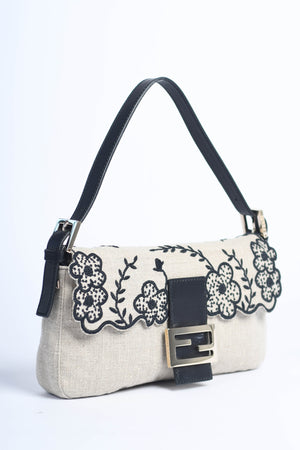 Vintage Fendi Linen Embroidered Baguette Shoulder Bag