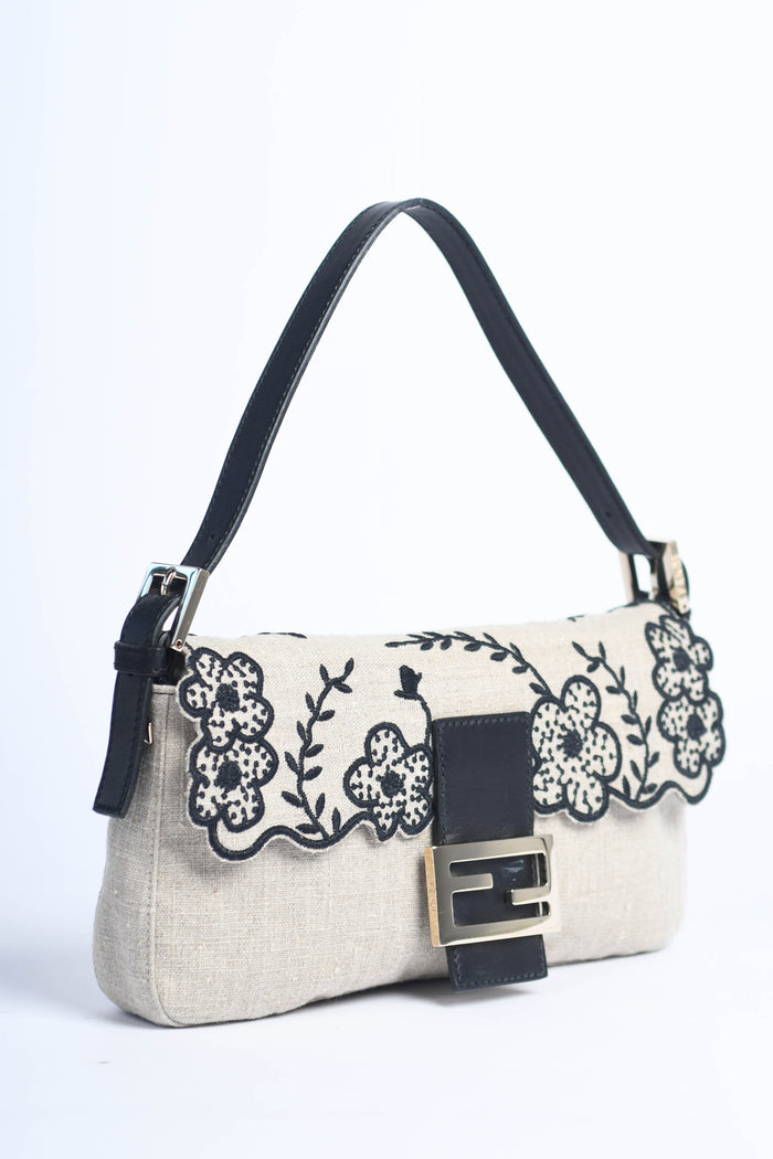Vintage Fendi Linen Embroidered Baguette Shoulder Bag