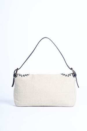 Vintage Fendi Linen Embroidered Baguette Shoulder Bag
