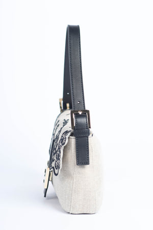 Vintage Fendi Linen Embroidered Baguette Shoulder Bag