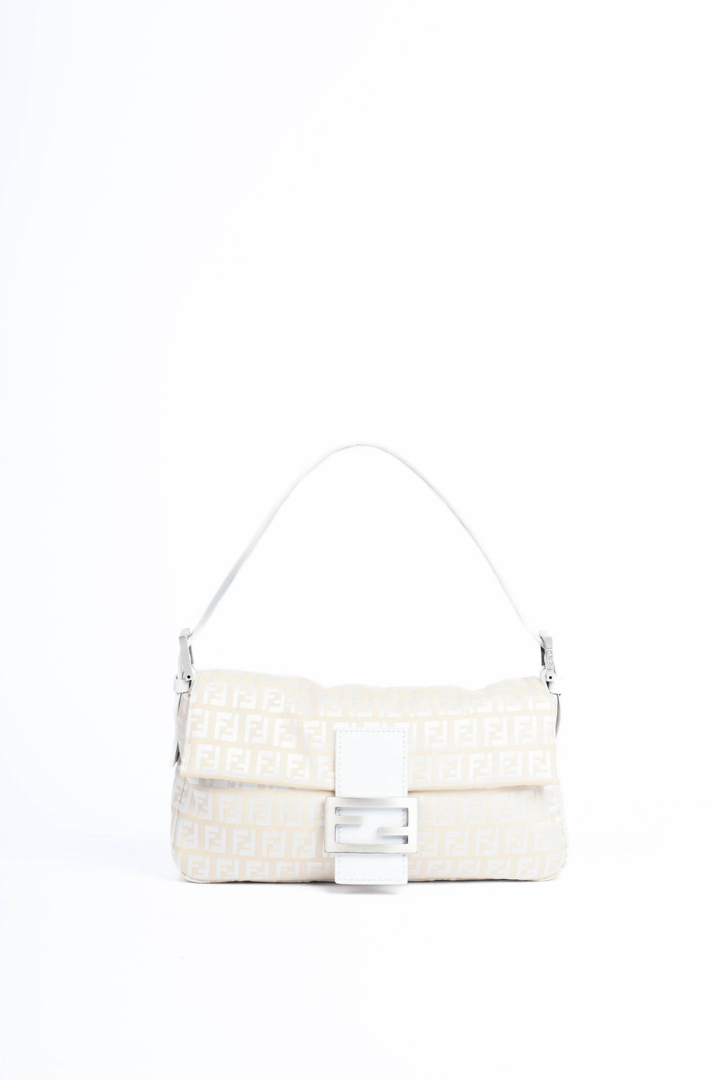 Vintage Fendi White and Beige Zucchino Baguette Shoulder Bag