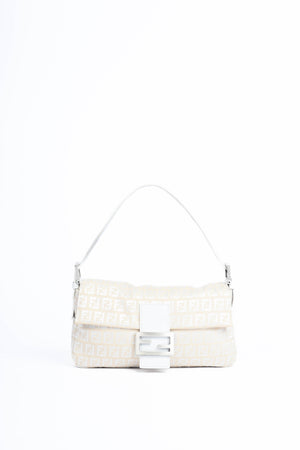 Vintage Fendi White and Beige Zucchino Baguette Shoulder Bag