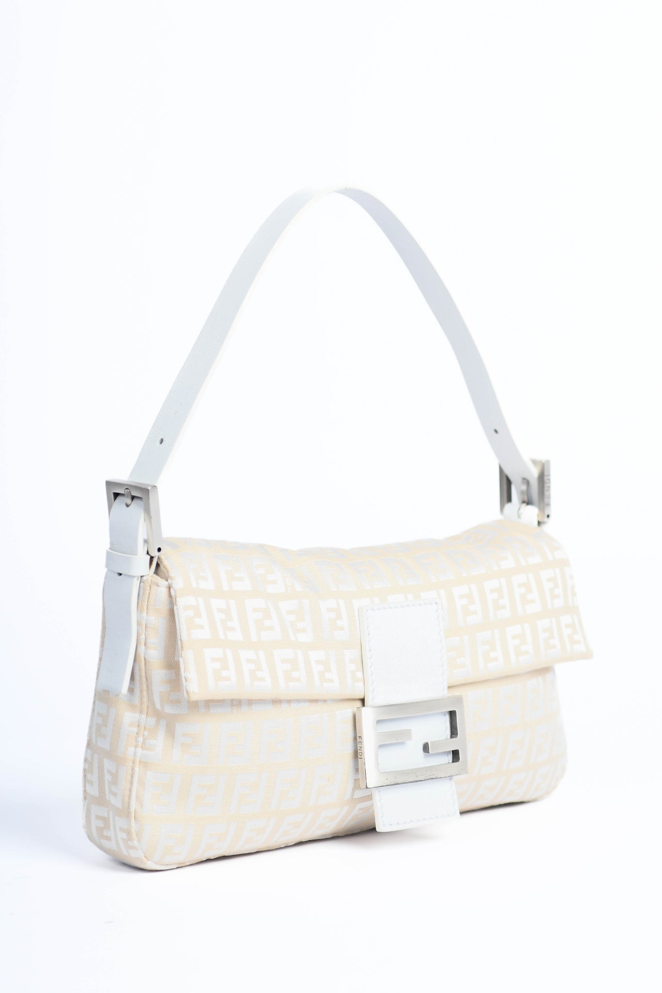Vintage Fendi White and Beige Zucchino Baguette Shoulder Bag
