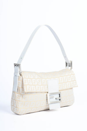 Vintage Fendi White and Beige Zucchino Baguette Shoulder Bag