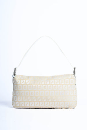 Vintage Fendi White and Beige Zucchino Baguette Shoulder Bag