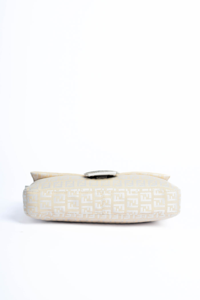 Vintage Fendi White and Beige Zucchino Baguette Shoulder Bag