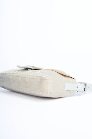 Vintage Fendi White and Beige Zucchino Baguette Shoulder Bag