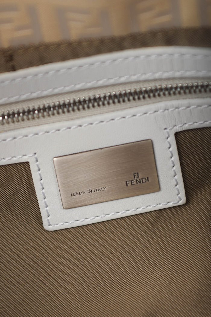 Vintage Fendi White and Beige Zucchino Baguette Shoulder Bag
