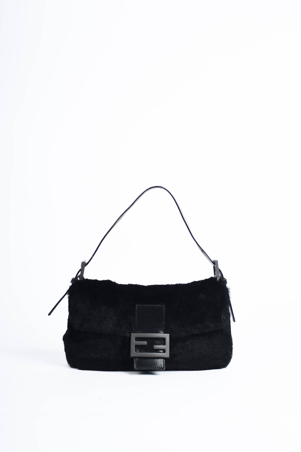 Vintage Fendi Black Fur Baguette Shoulder Bag